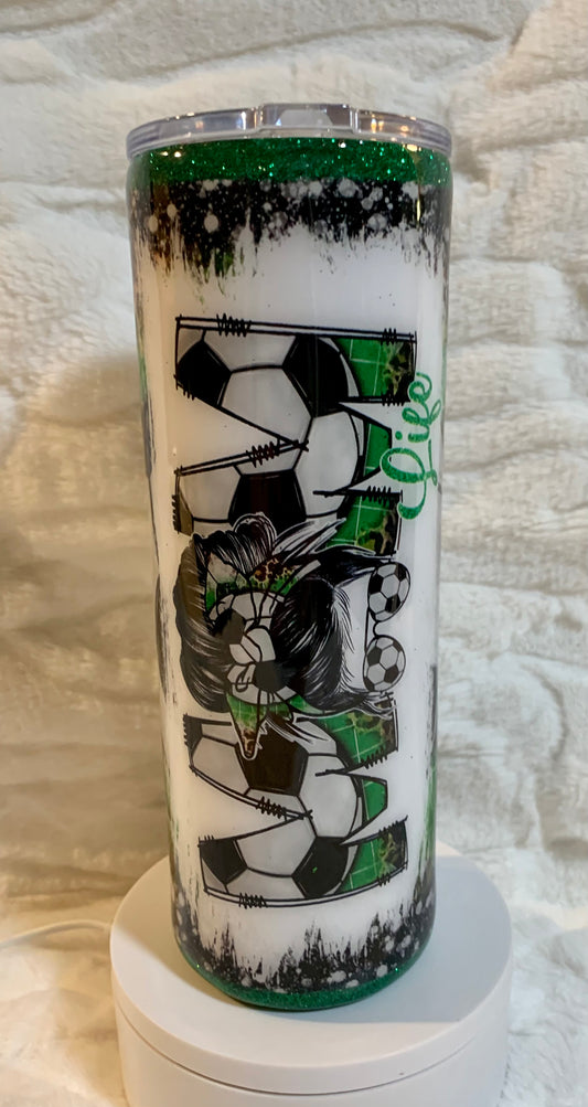 20 oz stainless steel soccer mom tumbler. Comes with lid and straw.