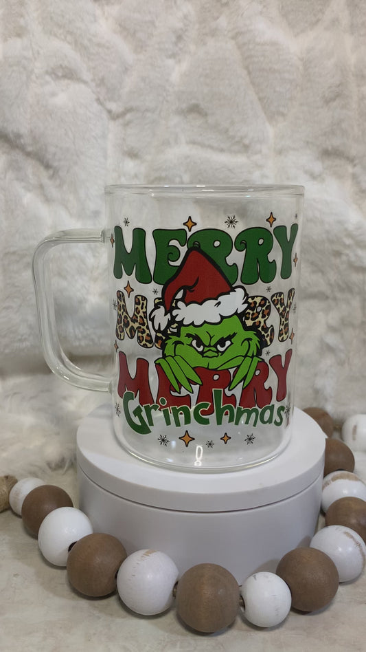 Grinch glass coffee mug. 17 oz with bamboo lid and straw